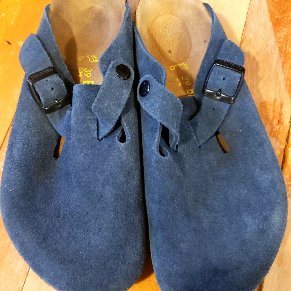 Birkenstock clogs blue suede